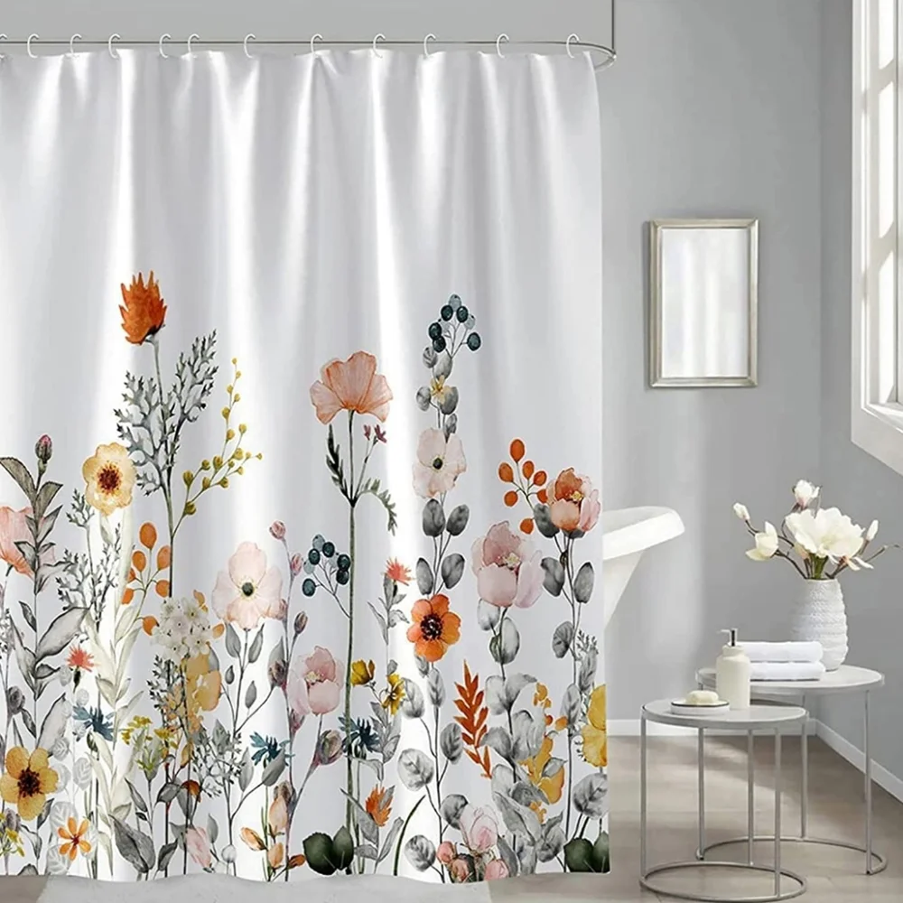 Shower Curtain, Fabric Shower Curtain Lined Floral White Shower waterproof